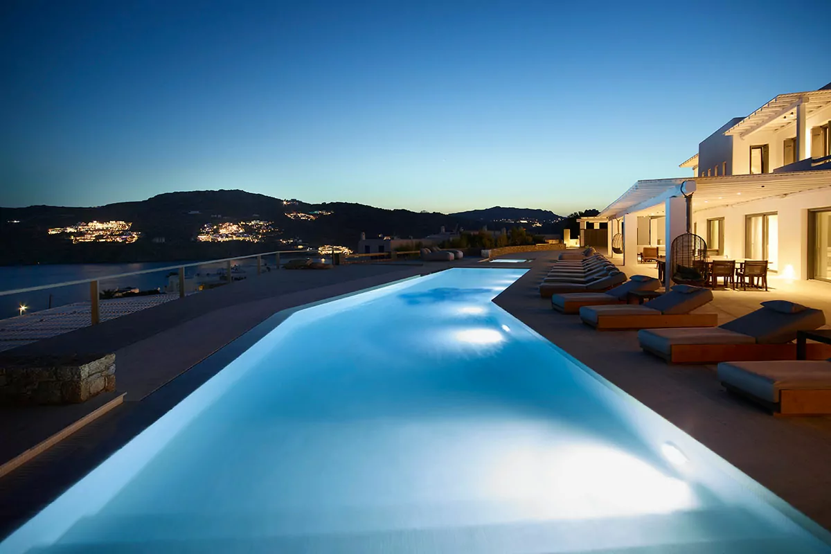 Private pool at Mykonos Villa KLV-3 with panoramic ocean views