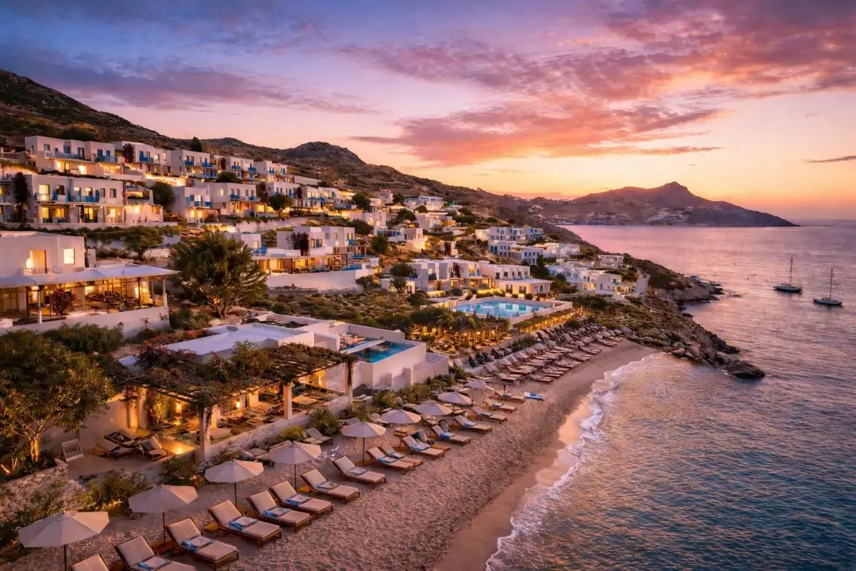 Four Seasons Mykonos resort and luxury Mykonos Villas at Kalo Livadi beach during sunset