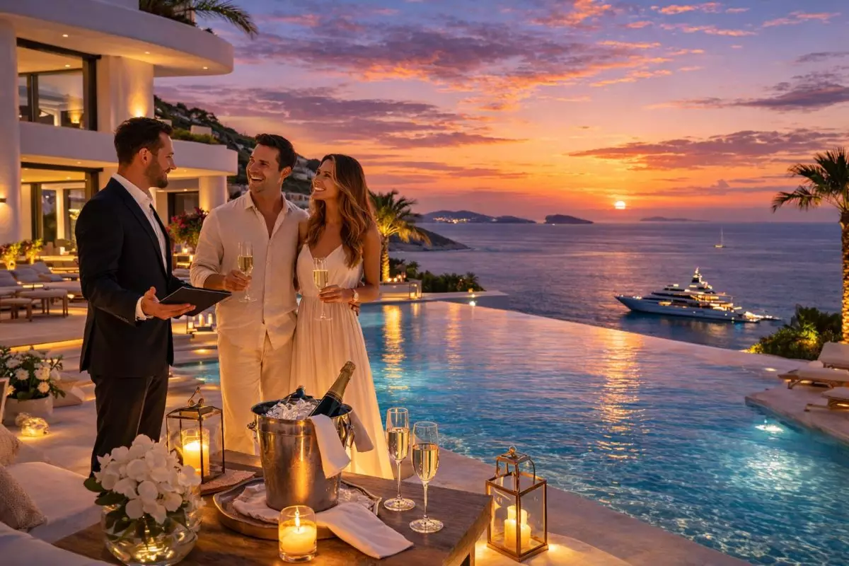 Luxury dinner setting on a Mykonos villa terrace at sunset, highlighting elite lifestyle and concierge services.